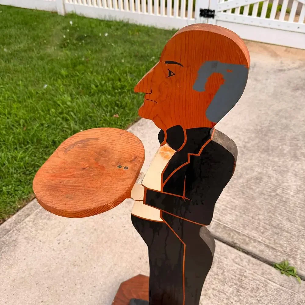 VTG Wooden Butler Silent Valet Stand Drink Tray Hand Painted Man Cave Art 38